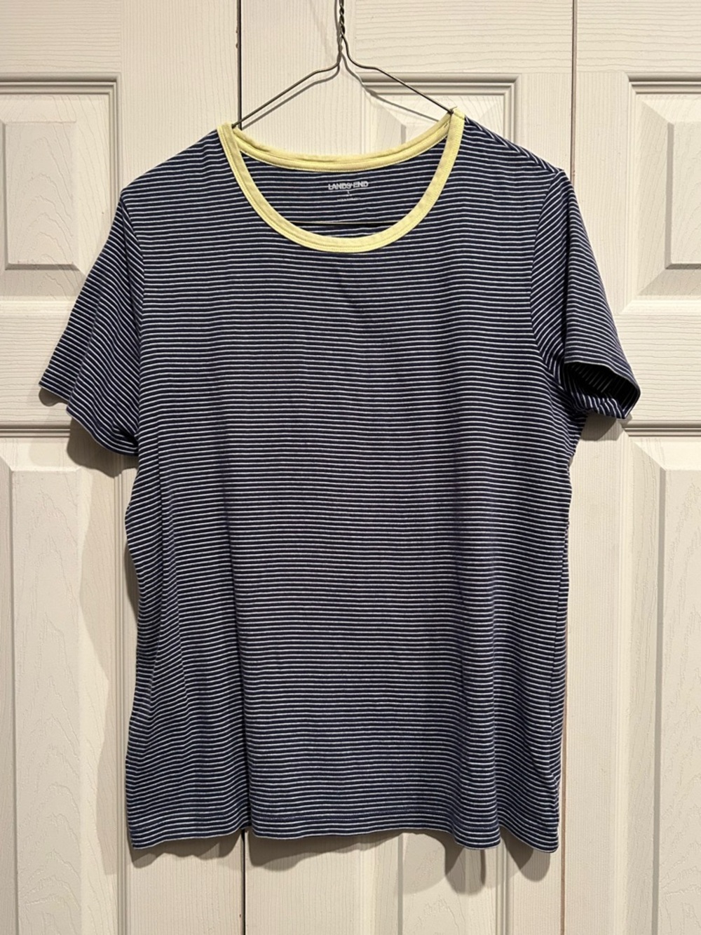 Lands' End Women's Navy and White Stripe Tee with Yellow Trim